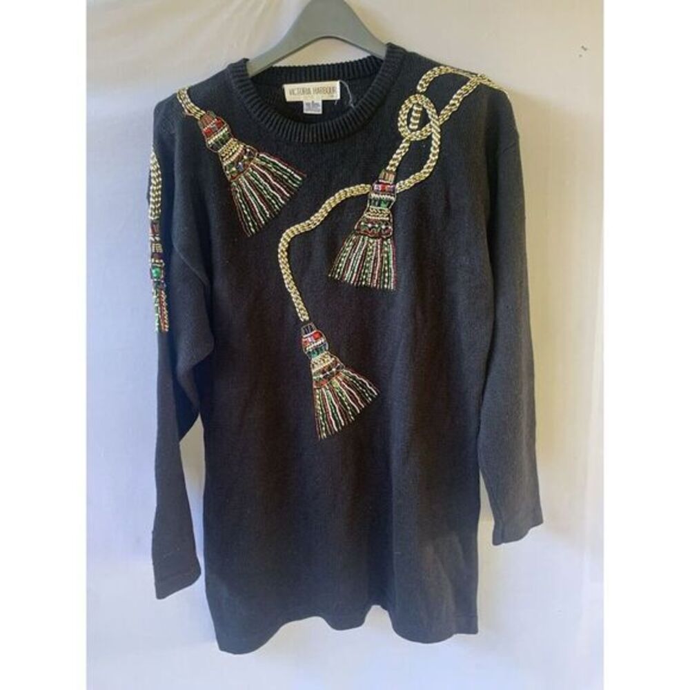 Women's M Victoria Harbour Beaded Tassel‎ Vtg Black Holiday Sweater Dress Knit